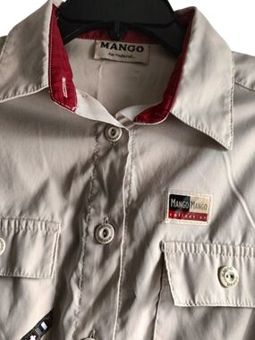 M🍀Mango Women’s Cream Button-Down Shirt with Red Collar Trim